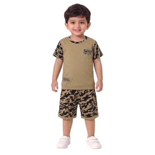 NOVA BLOOM Kids Clothes for Boys | Pure Cotton Half Sleeves Printed Round Neck T-shirt and Shorts Baby Boy Dress | Summer Wear for Kids | Casual Regular Wear Kids Dress Set (Khaki, 3-4 year)