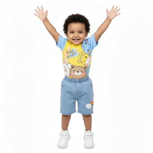 Krishn Creations Cotton Kids Clothes for Boys | Casual Printed Tshirt with Denim Short Summer Wear for Baby Boy (Yellow, 0-1 year) 3