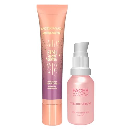 FACESCANADA Strobe Skincare Combo for Instant Glow | Strobe Serum, 15ml + CC Tint - Sunset Glaze, 18ml | SPF 30 | Dewy Highlighter Like Glow | For Light To Medium Skin | Pack of 2