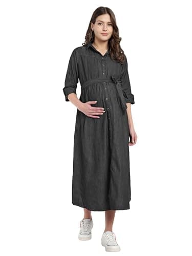 MAMMA'S MATERNITY Women's Cotton Denim Maternity Feeding Dress with Nursing Zippers Comfortable Breastfeeding Dress for Pregnancy Pre and Post Pregnancy Wear (Black, M)