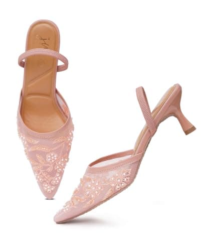 JM LOOKS Luxury Women Beaded Lace Pointed Toe Festive Kitten Heels For Wedding Outfits