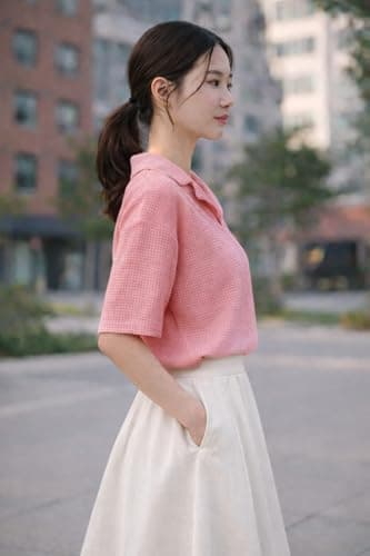Zilcon Women’s Elegant Polo Neck Short Sleeve White T-Shirt | Minimal Casual Wear(Pink_S (s)) 3