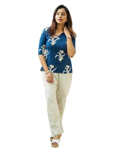 NEW FUSION FABRIC Women’s Casual Regular Fit Floral Print Top in Blue with Matching Pants – Stylish Ethnic & DaIily Wear Set (blue, S)