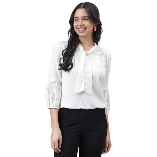 Latin Quarters Women White 3/4 Sleeves Casual Solid Top_XL