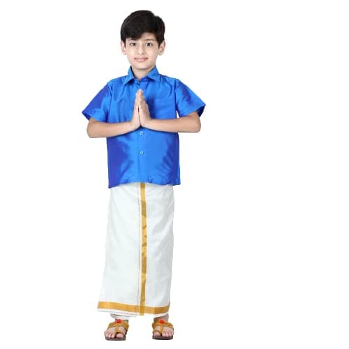 BownBee Boys Silk Shirt & Mundu Dhoti South Indian Traditional Ethnic Dress for Kids with Half Sleeves, Button Closure Shirts for Baby Boy, Ideal for Any Festival Occasions & Wedding (Blue, 4-5 Yrs)