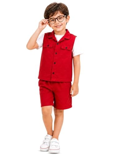 3BROS Kids Cotton Shirt Shorts Set for Boys Kids Clothing/Boys Clothing Set (Party/Festive) Wear (Red, 5-6 Years)