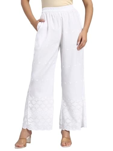 SHOPPING QUEEN Women's Cotton Embroidered Chikankari Palazzo (A696_White9_XL)