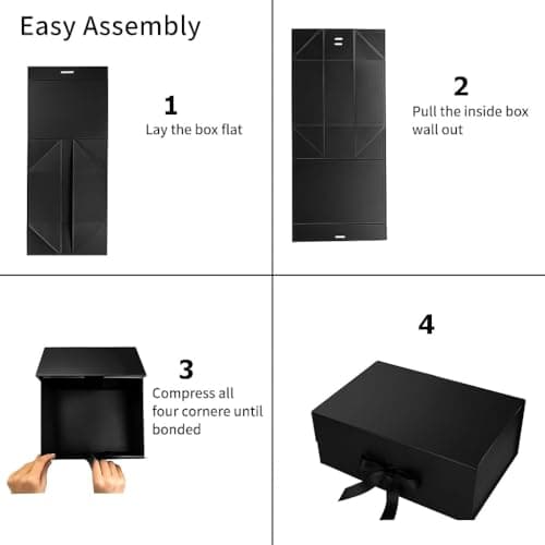 1 Piece Black Magnetic Gift Box with Ribbon for Birthday & Wedding Hamper, Collapsible Premium Gift Box for Return Gifts & Packaging (25 x 20 x 10 cm) (BLACK) 4