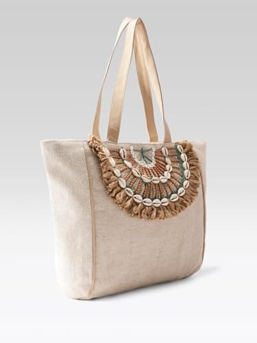 PRIMROSE Boho Beach Tote Bag, Canvas with Shell Embellishments, Fringe Detail, Natural Beige 3