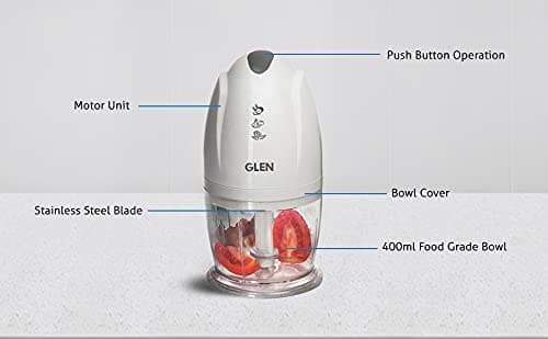 Glen Electric Chopper for Kitchen, 400ml Bowl, 200W Mini Fruit & Vegetable Cutter with Rust-Resistant Stainless Steel Blades, Whisker Disc, Chops Onion & Nuts - White (SA4041MC) 4