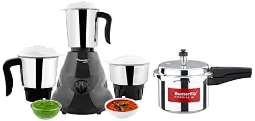 Butterfly Hero Mixer Grinder, 500W, 3 Jars (Grey) & Cordial Induction Base Aluminium Pressure Cooker with Outer Lid, 3 Litres, Silver