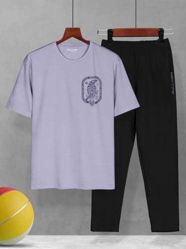 BULLMER Trendy Clothing Set with Oversized T-Shirt & Pants Co-ords for Men/Purple:Black/Large 2
