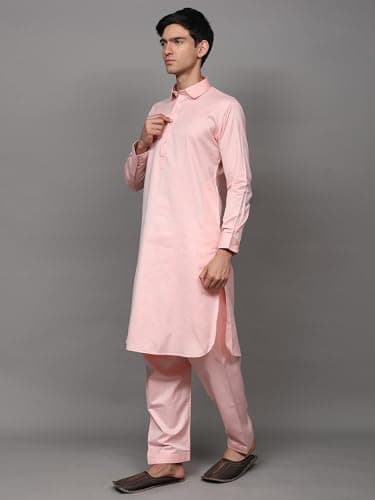 Exotic India Men's Solid Color Pathani Poly Cotton Kurta Pajama Set | Ethnic Wear Kurta Pant Combo Set for Festive Wedding Party Seashell Pink 3