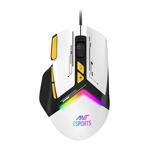 Ant Esports GM333 Smartchoice Wired Gaming Mouse, 12800 DPI Optical Sensor, Ergonomic Design, RGB Lighting, Huano Switches, 1.5M Braided Cable, Inbuilt Software Support, Black/White/Yellow