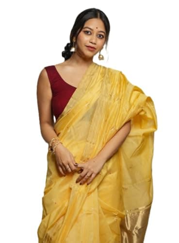 Flosive “Women's Pure Cotton Silk Saree with Golden Zari Border and Butti Work | Traditional Black Handloom Style Saree for Festive & Office Wear (YELLOW)