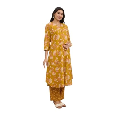 MomToBe Maternity Kurta Set for Women | Cotton Pregnancy & Feeding Friendly Kurti Set | Comfortable Indian Ethnic Wear (in, Alpha, XL, Regular, Goldenrod Yellow)