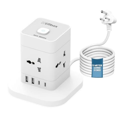 EMBOX Cube Extension Board with USB Type C | 2500W Extension Board with Switches | Extension Cord with 4 Universal Sockets Safety Shutter & Overload Protector (Power Hub - 5mtr)