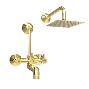 ZAP Elixir Gold Series Brass 2-in-1 Wall Mixer with Overhead Shower Set, 125 mm Long Bend Pipe, Hot & Cold Knobs, Chrome Finish, and Faucet Cleaner