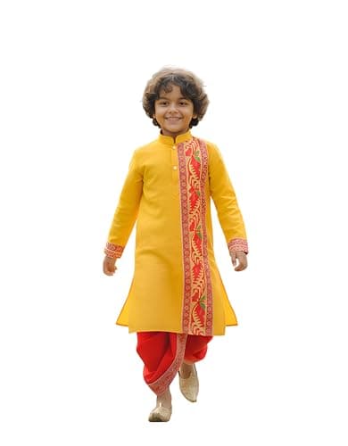 Boys Jamdani Kurta Punjabi and Dupion Silk Dhoti Set | Pure Cotton Kurta with Woven Design | 2–14 Years Kids| Festival, Party & Wedding Outfit | Colour Options | 2 Pocket (YELLOW, 6-7 YEAR)