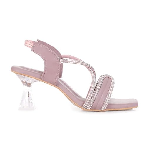 ROZLYN Women's Synthetic Crystal Sandal, Square Toe, Block Heel, Criss-Cross Diamante Straps, Slingback Elastic, Elegant Party and Casual Wear (Pack Of 1) (Pink, UK Footwear Size System, Adult, Women, 5