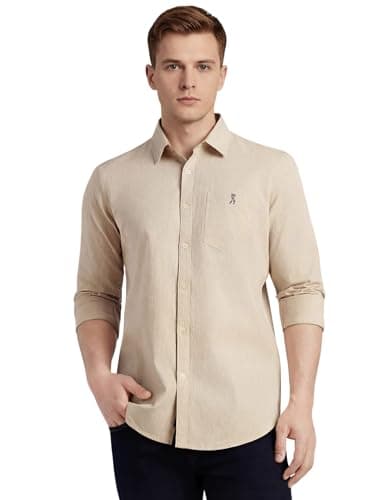 Thomas Scott Men's Cotton Linen Shirt | Slim Fit Long Sleeves | Spread Collar | Solid Casual Shirt | Cricket Club Collection (CCSH108_Beige_L)