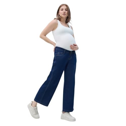 MomToBe Maternity Baggy Jeans for Women | Under Belly Stretchable Waistband | Wide Leg Denim Pants | Comfortable Pregnancy Jeans | Casual Maternity Wear (Denim Blue::XXX-Large)