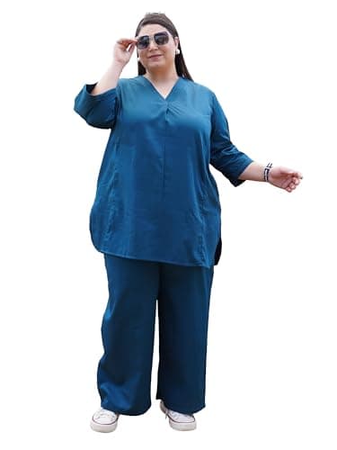 TITTLI Plus Size Cotton Silk Co-Ord Set for Women | Tunic and Trouser Set V-Neck and 3/4 Sleeve| Elasticated Waist 2 Pockets Casual Wear and Everyday wear Outfit |3XL to 8XL