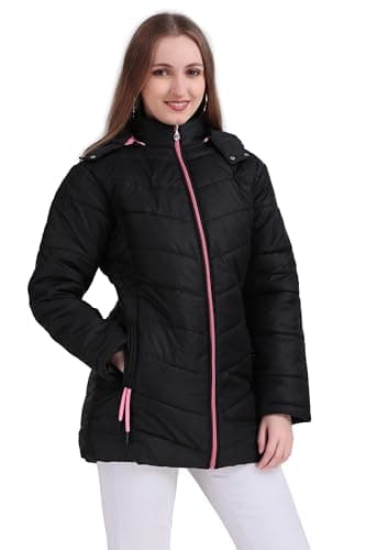 Brazo Long Hooded Puffer Jacket | Warm Winter Coat with Full Zip & Pockets | Lightweight Insulated Outerwear for Women's (IN, Alpha, L, Regular, Black)