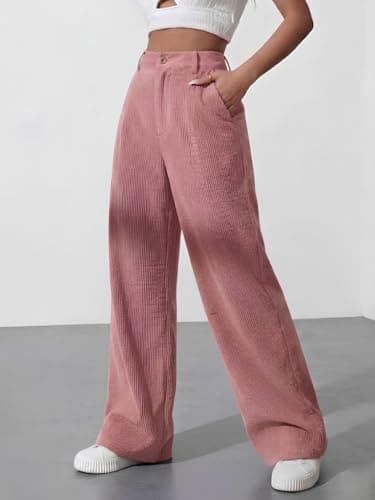 SMOWKLY Women's Corduroy Mid Rise Wide Leg Sweatpant with Pocket || Loose & Relaxed Fit Casual Korean Baggy Trousers for Woman Elegant Workwear for Office, College & Events(1678_PCH_XL/1678_BRN_XL) 2