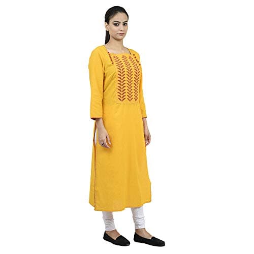 Tribes India Women's Cotton Straight Kurta (Yellow, XXL) 2
