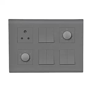Wipro Northwest (Nowa) Switch Combo of 12M Plate + 6A Switch x6 + 5 Step Fan Regulator x2 + 6A 3Pin Socket x1, Silver Grey (Kit 16)