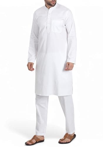 DasteKarigar Traditional Cotton Kurta Pajama Set, White Cotton Kurta Pajama for Men, Long Sleeve, Mandarin Collar, Men's Ethnic Wear (White, 42)