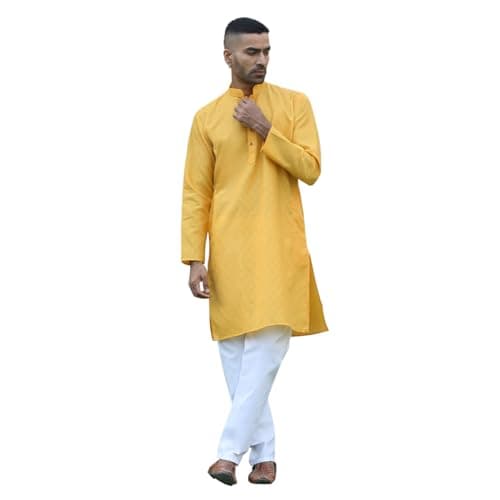 KRAFT INDIA Men's Cotton Kurta Pyjama Set | Woven Design Traditional Ethnic Wear | Festive, Wedding & Casual Outfit | Comfortable & Breathable Fabric (Yellow, Large)