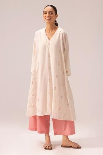 ANNI Designer Women's Rayon Viscose Anarkali Printed Kurta with Palazzo (QUSHI Cream_M_Cream_Medium) 4