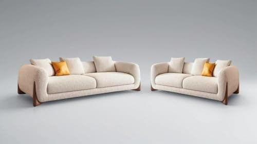 Artistic Wood Modern Sofa Chesterfield Design with Stylish Wooden Legs Bouncy Teddy Fabric Off-White Finish Sofa for Living Room, Bedroom, Hallways (3+2 Seater) 4