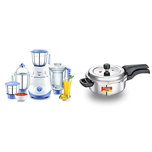 Prestige Iris 750 Watt Mixer Grinder with 3 Stainless Steel Jar + 1 Juicer Jar (White and Blue) + Prestige Svachh Deluxe Alpha 3.0 Litre Stainless Steel Pressure Cooker