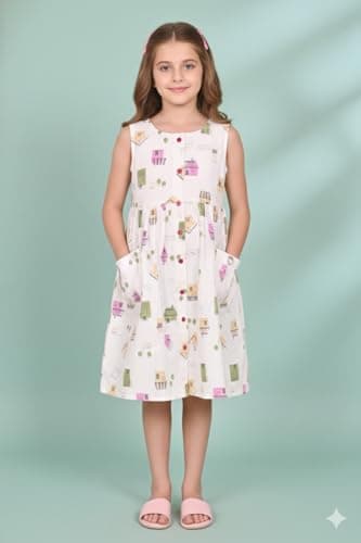 Cloth Bites Girl's 100% Pure Cotton Sleeveless A-Line Frock - Casual Summer Button-Down Dress with Pockets & Quirky House Print White 2
