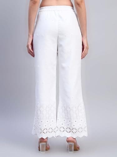 SHOPPING QUEEN Women's Cotton Embroidered Chikankari Palazzo (A687_White7_L) 2