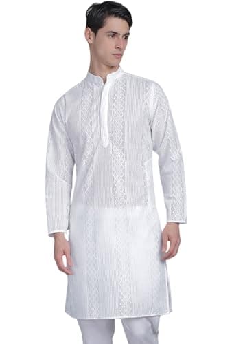 Majestic Man Men Cotton Regular Fit Embroidered Ethnic Motifs Double Plaket Kurta (White, Small)