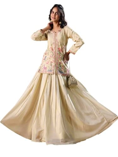 madhuram textiles Women's Shimmar Top Skirt Set for Women V-Neck Embroidered Ethnic Wear Dress(M-2558 Off White_Small)