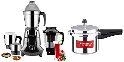 Butterfly Jet Elite Mixer Grinder, 750W, 4 Jars (Grey) & Cordial Induction Base Aluminium Pressure Cooker with Outer Lid, 3 Litres, Silver