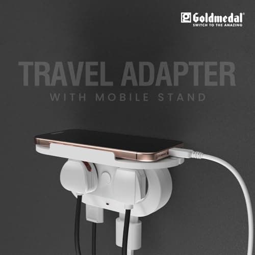 Goldmedal Wall-E-3 Pin Plug Travel Adaptor with Mobile Stand | Universal Sockets | Multiplug for Home & Office Appliances | Supports 2-Pin & 3-Pin Plugs (Pack of 1) - White 3