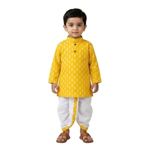 Baby Boys Kurta and White Dhoti Set | Traditional Cotton Ethnic Outfit for Toddlers (Yellow, 3-4 Years)