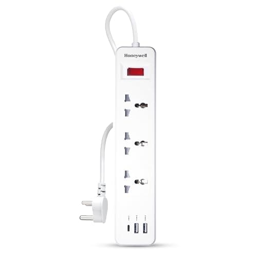 Honeywell 3 Outlet Extension Board with Master Switch, 6 Amps, 250V, 1xType C & 2xUSB, 3 International Sockets, Pure Copper, 6 Advanced Safety Features, 2 Mtr Power Cord, BIS Certified, 1 yr Warranty