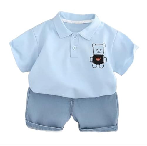 Indhrani Textiles Kids Clothes for Boys | Baby Boys Summer Dress Set – Light Blue Polo T-Shirt with Cartoon Print & Denim Shorts | Stylish Cotton Outfit for Toddlers, Blue 5-6 year