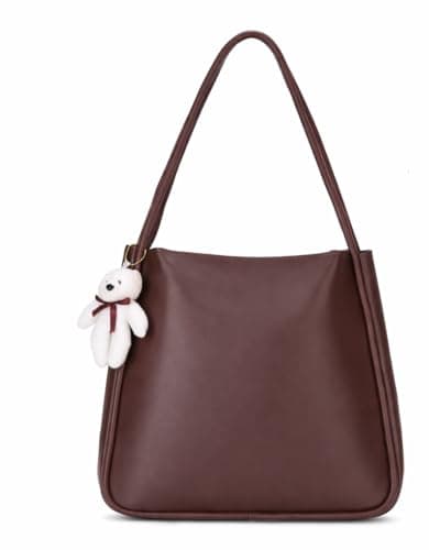 SIJJEEL Women's Handbag Synthetic Leather Shoulder Bag with Bear Charm Tote One Size Women's Shoulder Bag Faux Leather Tote (Brown)