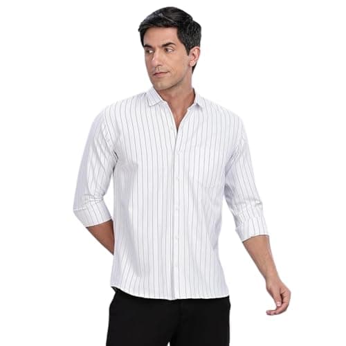 MILDIN Men's Pure Cotton Striped Printed Shirt with Spread Collared Neck Full Sleeve Curved Hemline Button Closure and Regular Fit | Shirt for Man White Oxford Single Full - M