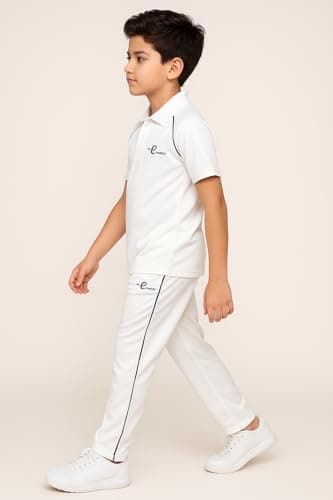 Unisex Kids White Cricket Jersey & Trouser Set – Breathable Polyester with DARK GREY Piping (4-5) 2