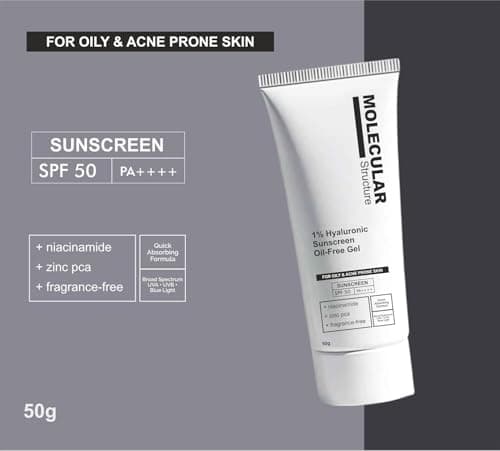 Molecular Structure 1% Hyaluronic Sunscreen Oil-Free Gel, SPF 50 PA++++, with Niacinamide & Zinc PCA, Fragrance-Free, 50g 2