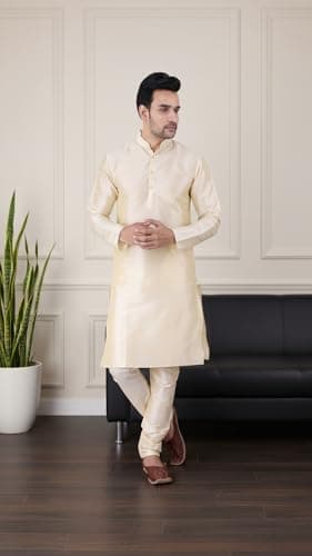 Sadree® Men's Silk Blend Kurta Pajama, Kurta Set Mandarin Colloar, Round Neck, Full Sleeve, Knee Length, Regular Fit, Festival, Wedding, Ethnic Dress for Men Kurta Pyjama Set 3
